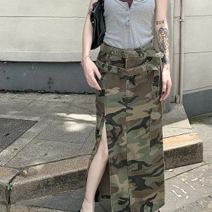 Y2K Camouflage Slit Midi Skirt - Vintage Grunge High Waist Denim - Baddie Style