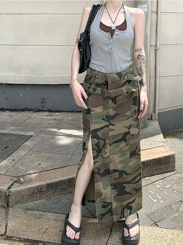 Y2K Camouflage Slit Midi Skirt - Vintage Grunge High Waist Denim - Baddie Style