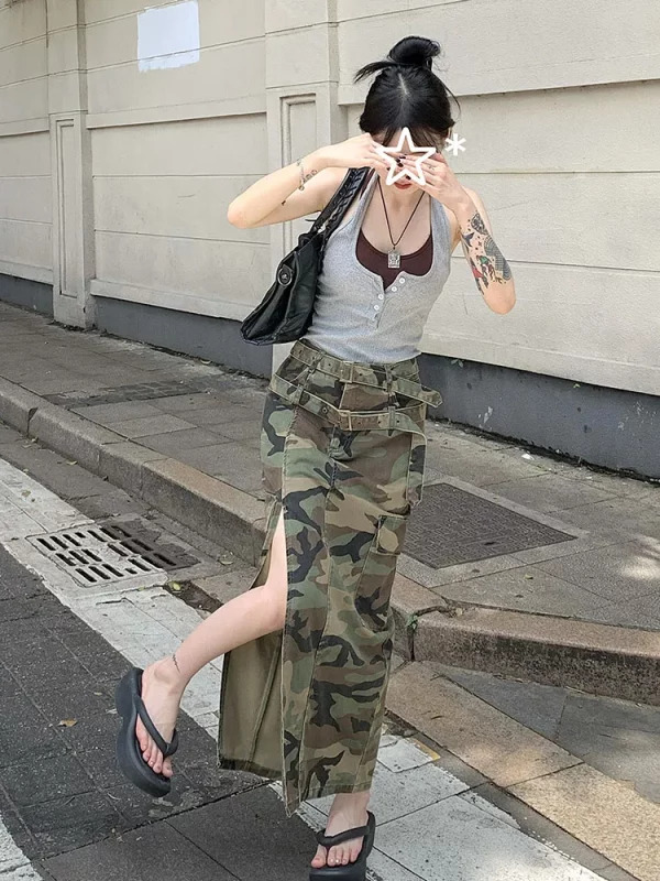 Y2K Camouflage Slit Midi Skirt - Vintage Grunge High Waist Denim - Baddie Style