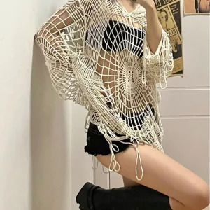 Y2K Chic Hollow Out Crochet Top - Designer Sweater for Women