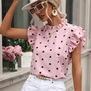 Y2K Chiffon Print Ruffle Top - Pink Chic Women's Summer Blouse, Retro 90s Fashion Shirt