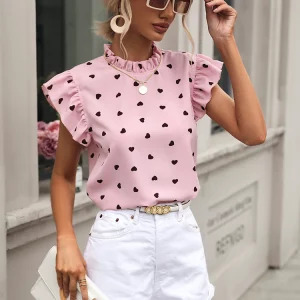 Y2K Chiffon Print Ruffle Top - Pink Chic Women's Summer Blouse, Retro 90s Fashion Shirt