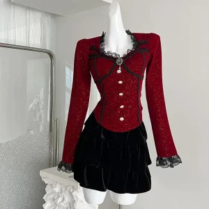 Y2K Christmas Vintage Rave Luxury Coquette 2-Piece Set: Sparkly Crop Top + Mini Ruffle Sk