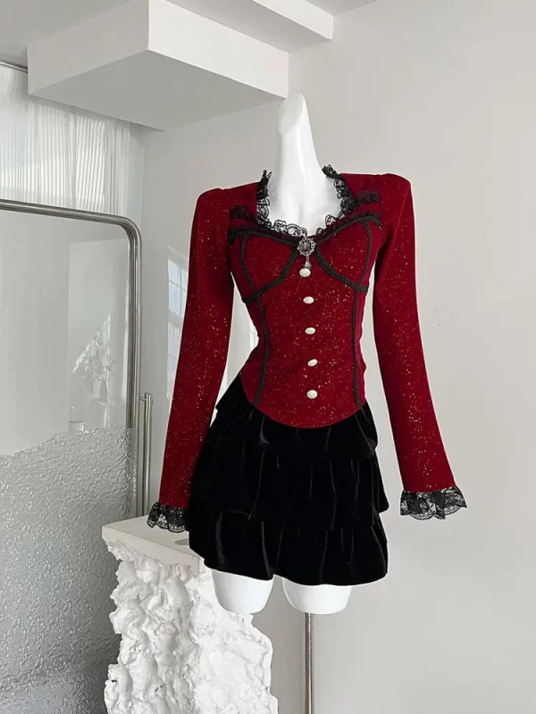 Y2K Christmas Vintage Rave Luxury Coquette 2-Piece Set: Sparkly Crop Top + Mini Ruffle Sk