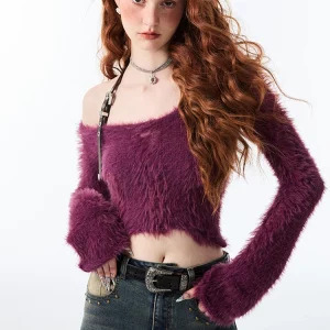 Y2K Coquette Halter Crop Top - Gyaru Style Sweater with Fluffy Knit Design