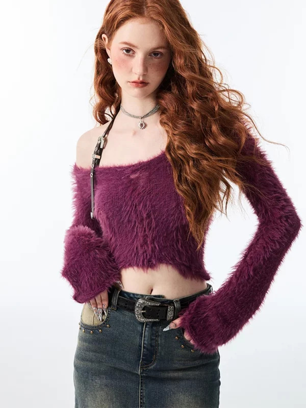 Y2K Coquette Halter Crop Top - Gyaru Style Sweater with Fluffy Knit Design