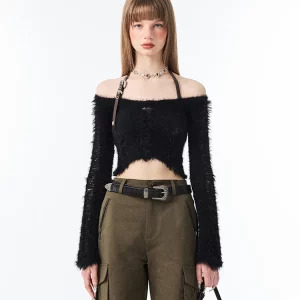 Y2K Coquette Halter Crop Top - Gyaru Style Sweater with Fluffy Knit Design