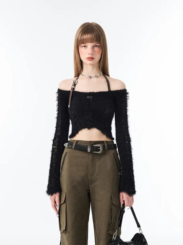 Y2K Coquette Halter Crop Top - Gyaru Style Sweater with Fluffy Knit Design