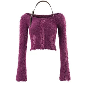 Y2K Coquette Halter Crop Top - Gyaru Style Sweater with Fluffy Knit Design