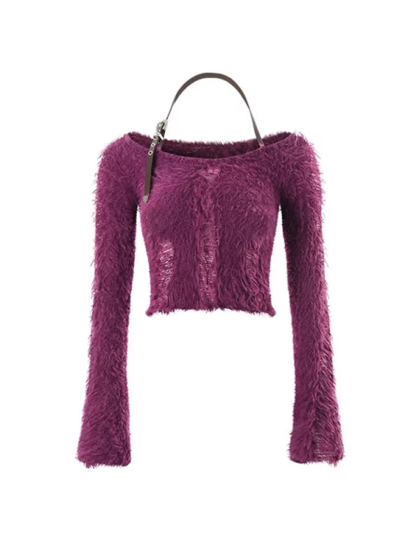 Y2K Coquette Halter Crop Top - Gyaru Style Sweater with Fluffy Knit Design