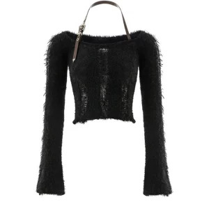 Y2K Coquette Halter Crop Top - Gyaru Style Sweater with Fluffy Knit Design