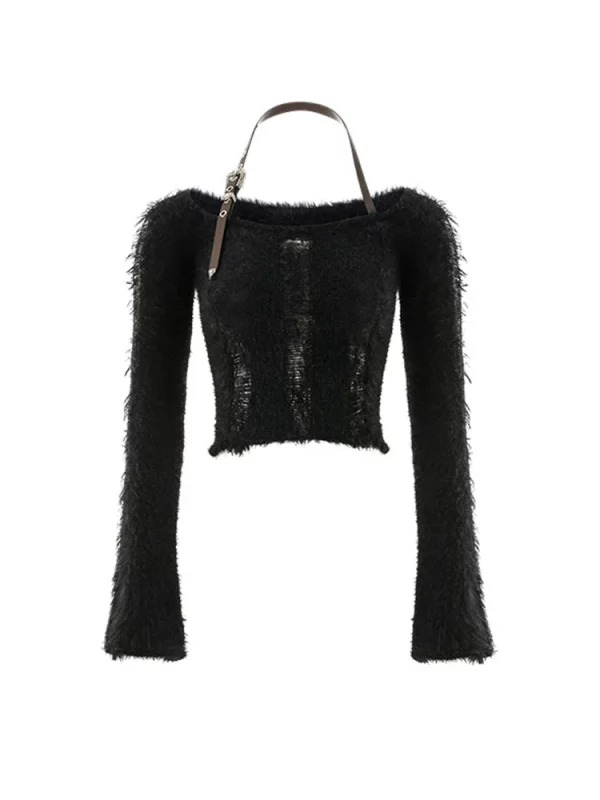 Y2K Coquette Halter Crop Top - Gyaru Style Sweater with Fluffy Knit Design