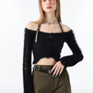 Y2K Coquette Halter Crop Top - Gyaru Style Sweater with Fluffy Knit Design