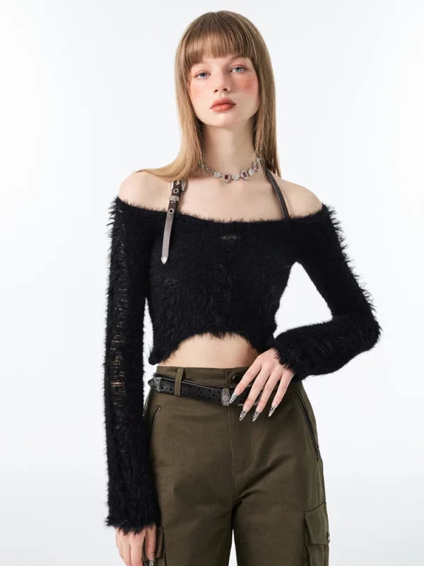 Y2K Coquette Halter Crop Top - Gyaru Style Sweater with Fluffy Knit Design