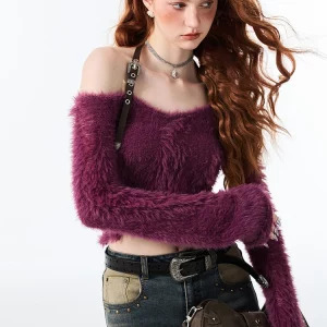 Y2K Coquette Halter Crop Top - Gyaru Style Sweater with Fluffy Knit Design