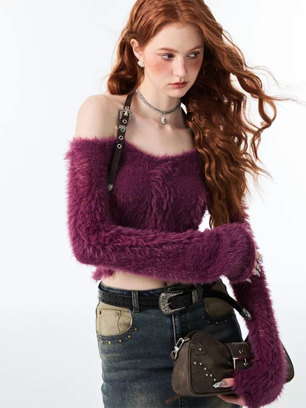 Y2K Coquette Halter Crop Top - Gyaru Style Sweater with Fluffy Knit Design