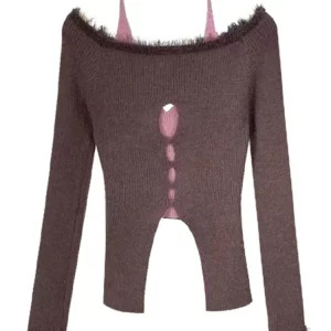 Y2K Coquette Knitwear: Fake Two-Piece Crop Sweater with Slash Neck