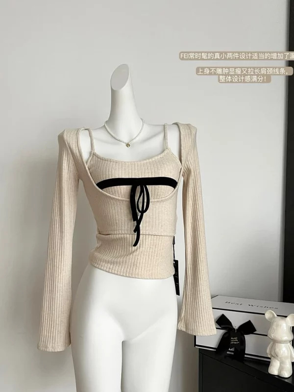 Y2K Coquette Two-Piece Set: Cropped Sweater and Pullover Top - Korean Fashion Inspired Gyaru Kn