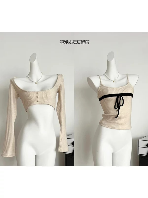 Y2K Coquette Two-Piece Set: Cropped Sweater and Pullover Top - Korean Fashion Inspired Gyaru Kn