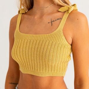 Y2K Crochet Knitted Shoulder Tie Tank Top - 90s Grunge Summer Fashion, Stylish Yellow Crop Top