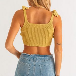 Y2K Crochet Knitted Shoulder Tie Tank Top - 90s Grunge Summer Fashion, Stylish Yellow Crop Top