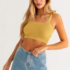 Y2K Crochet Knitted Shoulder Tie Tank Top - 90s Grunge Summer Fashion, Stylish Yellow Crop Top