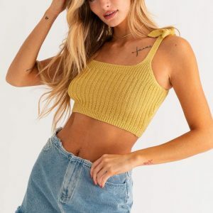 Y2K Crochet Knitted Shoulder Tie Tank Top - 90s Grunge Summer Fashion, Stylish Yellow Crop Top