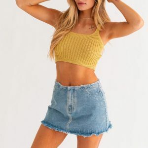 Y2K Crochet Knitted Shoulder Tie Tank Top - 90s Grunge Summer Fashion, Stylish Yellow Crop Top