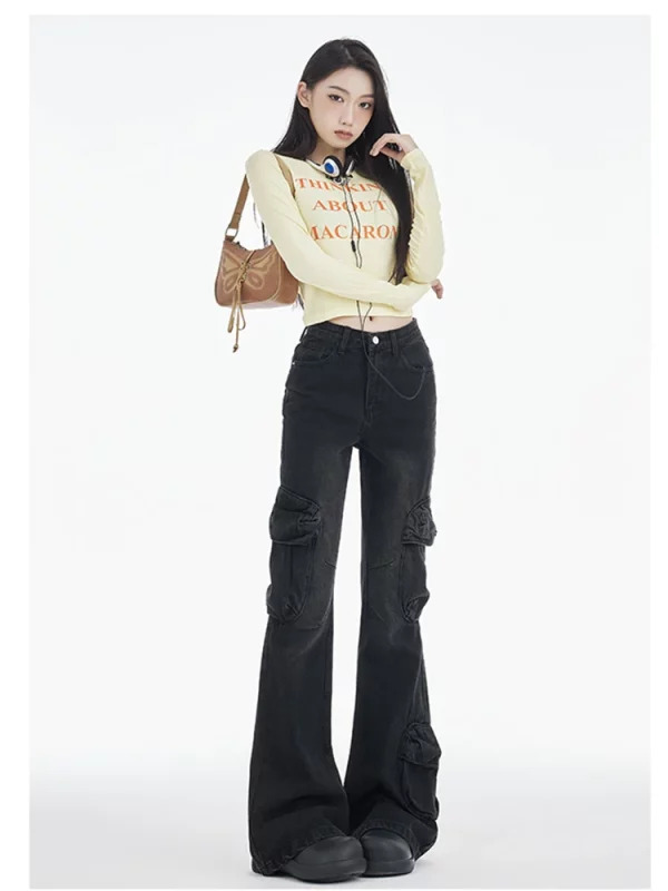 Y2K Cyber Punk Harajuku Low Rise Bell Bottom Denim Pants - Women's Streetwear Grunge Aesthetic