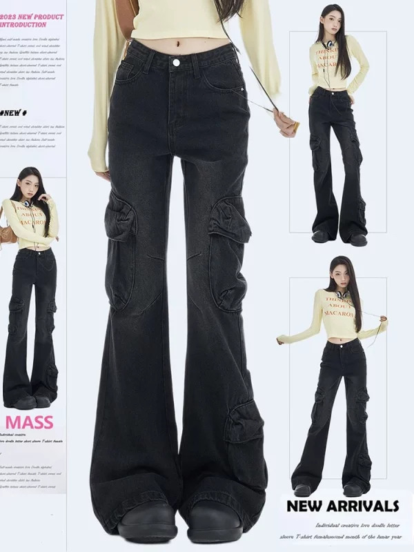 Y2K Cyber Punk Harajuku Low Rise Bell Bottom Denim Pants - Women's Streetwear Grunge Aesthetic