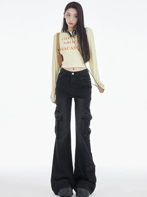 Y2K Cyber Punk Harajuku Low Rise Bell Bottom Denim Pants - Women's Streetwear Grunge Aesthetic