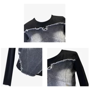 Y2k Cyber Streetwear O-Neck Long Sleeve T-Shirt with Denim Patchwork - Autumn Japanese Harajuku