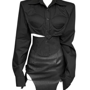 Y2K Dark Academia Clubwear Goth Rave 2-Piece Set: Vintage Crop Shirt + Faux Leather Mini