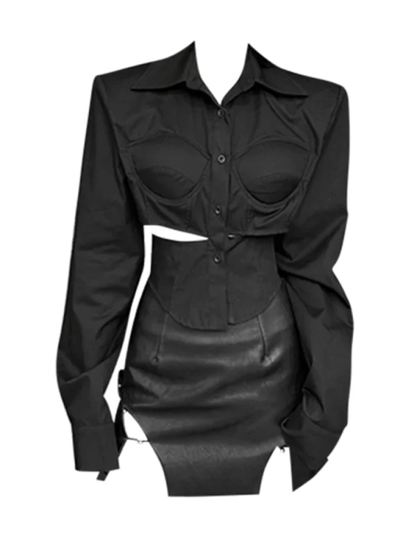 Y2K Dark Academia Clubwear Goth Rave 2-Piece Set: Vintage Crop Shirt + Faux Leather Mini