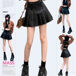 Y2K Dark Academia Faux Leather Mini Skirt - Preppy A-line Style for Women