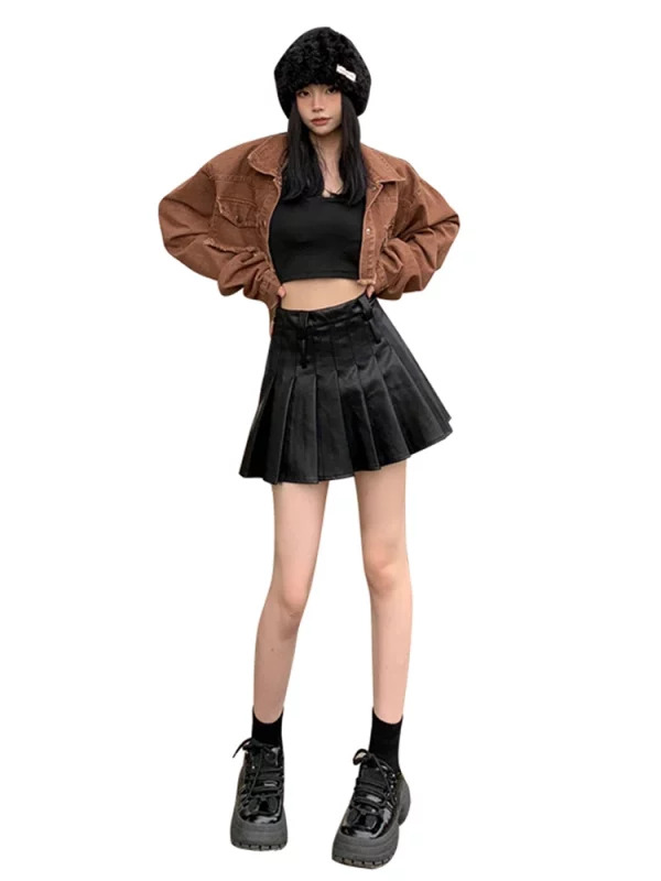 Y2K Dark Academia Faux Leather Mini Skirt - Preppy A-line Style for Women