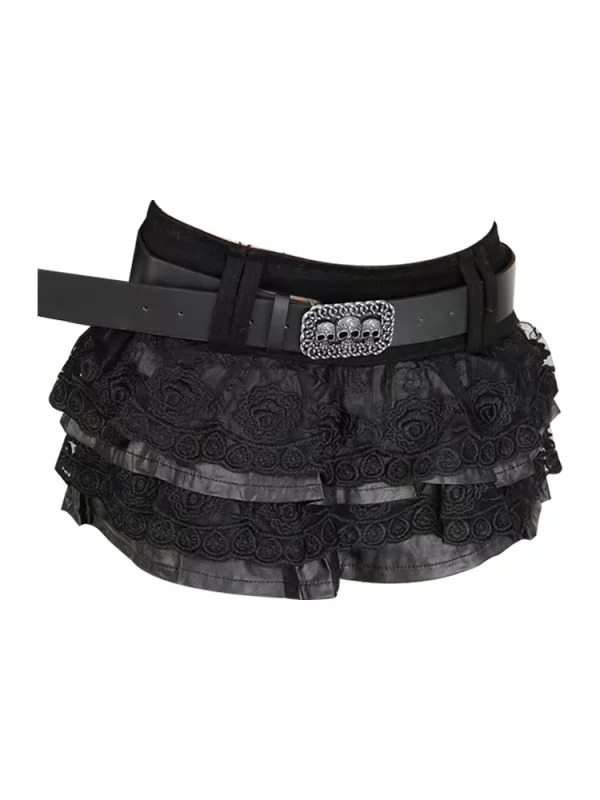 Y2K Dark Academia Gothic Mini Lace Skirt with Belt - Gyaru Harajuku Cyber Punk Style