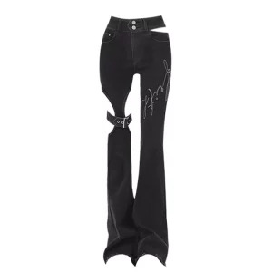 Y2K Dark Academia Grunge Gothic Low Rise Pants - Hip-Pop Harajuku Flare Trousers