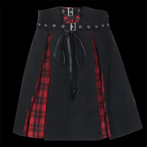 Y2K Dark Academia Japanese Grunge Gothic Patchwork Mini A-line Skirt with Belt - Streetwear Cyber Fashion