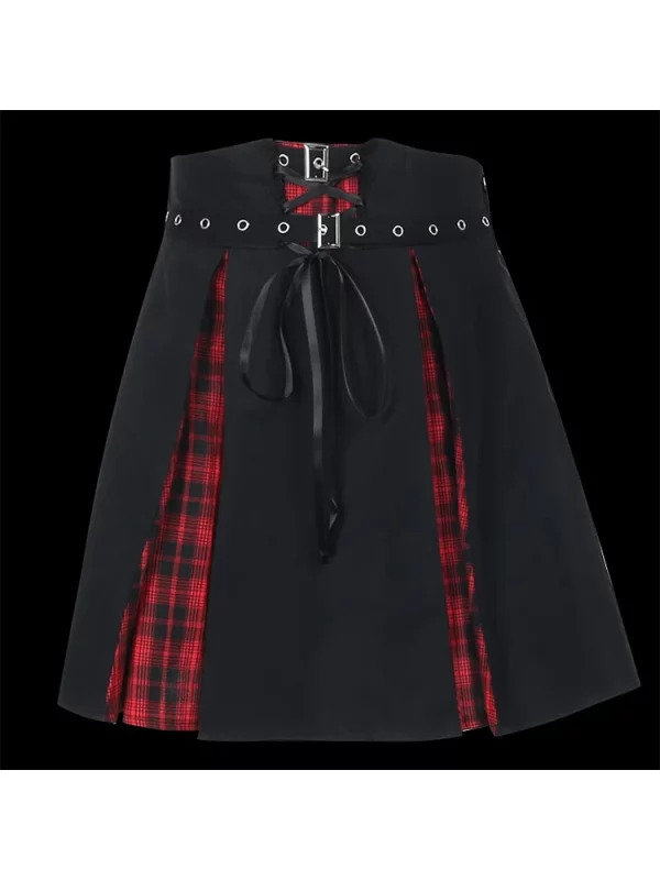 Y2K Dark Academia Japanese Grunge Gothic Patchwork Mini A-line Skirt with Belt - Streetwear Cyber Fashion