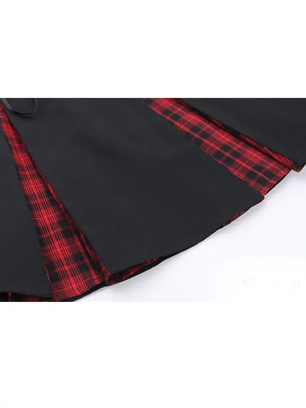 Y2K Dark Academia Japanese Grunge Gothic Patchwork Mini A-line Skirt with Belt - Streetwear Cyber Fashion