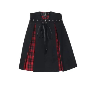 Y2K Dark Academia Japanese Grunge Gothic Patchwork Mini A-line Skirt with Belt - Streetwear Cyber Fashion