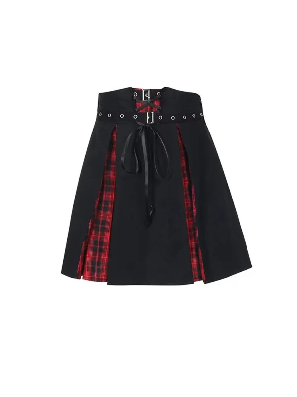 Y2K Dark Academia Japanese Grunge Gothic Patchwork Mini A-line Skirt with Belt - Streetwear Cyber Fashion