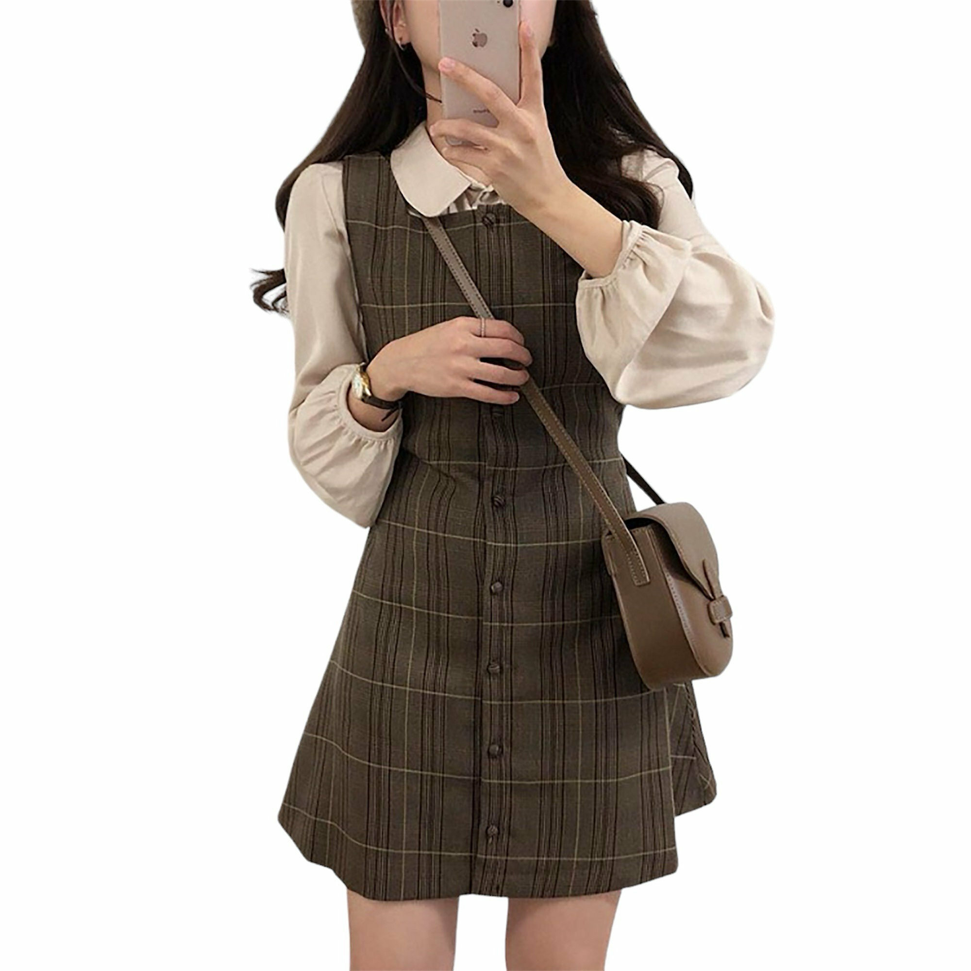 Y2K Dark Academia Plaid Strap Dress Set, Cottagecore Vintage Spring Fall Long Sleeve Milkmaid Mini Dress