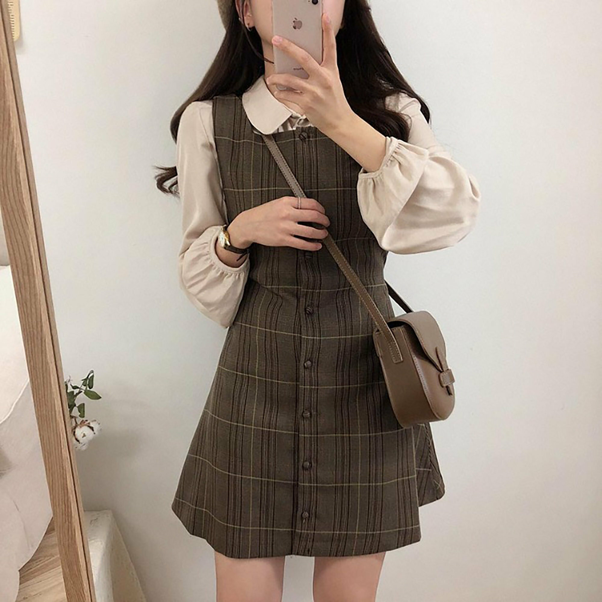 Y2K Dark Academia Plaid Strap Dress Set, Cottagecore Vintage Spring Fall Long Sleeve Milkmaid Mini Dress