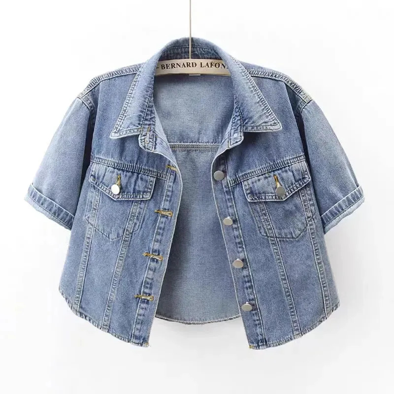 Y2K Denim Jacket for Women - 90s Grunge Summer Crop Coat, Retro Single Breasted Short Sleeve Korean Fashion