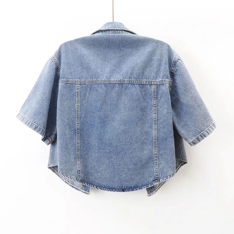 Y2K Denim Jacket for Women - 90s Grunge Summer Crop Coat, Retro Single Breasted Short Sleeve Korean Fashion