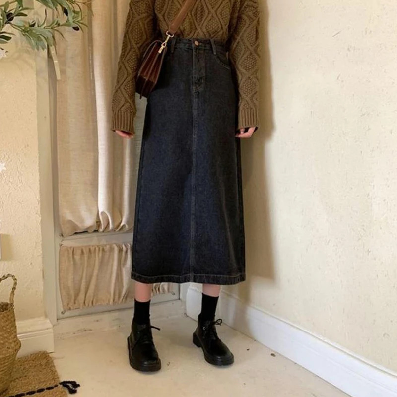 Y2K Denim Midi Skirt - High Waist Vintage 90s Fashion, Grunge, Retro Streetwear