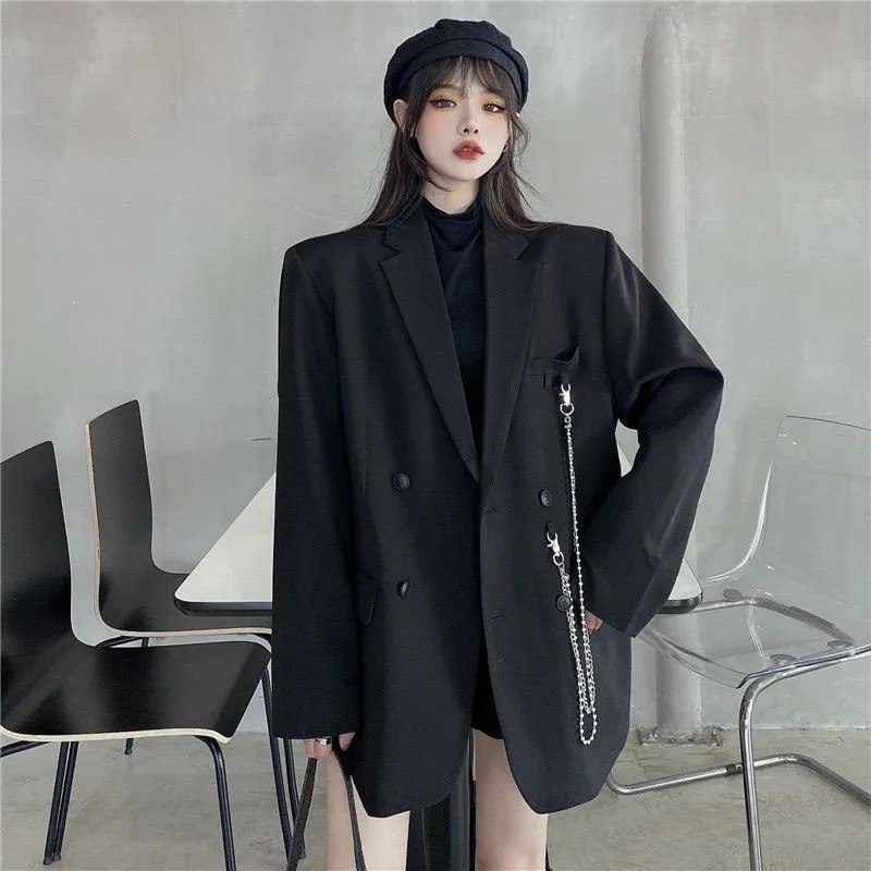 Y2K Double Breasted Loose Blazer - 90s Grunge High Street Long Sleeve Suit Jacket, Black Notched Collar Outerwear