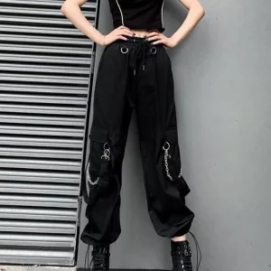 Y2K E-Girl Streetwear Chain Cargo Pants - Vintage Flared Wide Leg Trousers with Drawstring